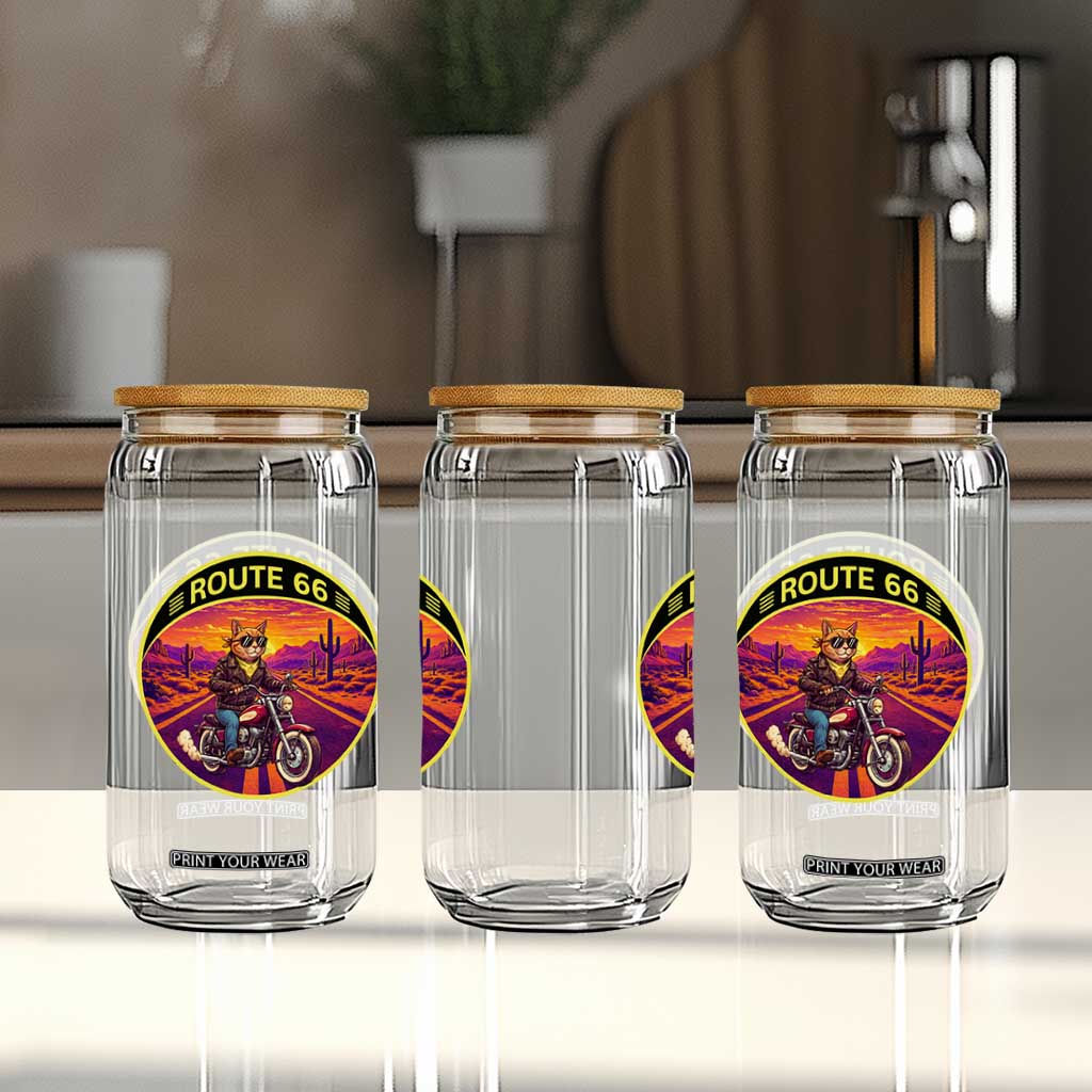 Route Highway 66 Motorcycle Cat Glass Can Open Road Adventure Neon TS12 Print Your Wear