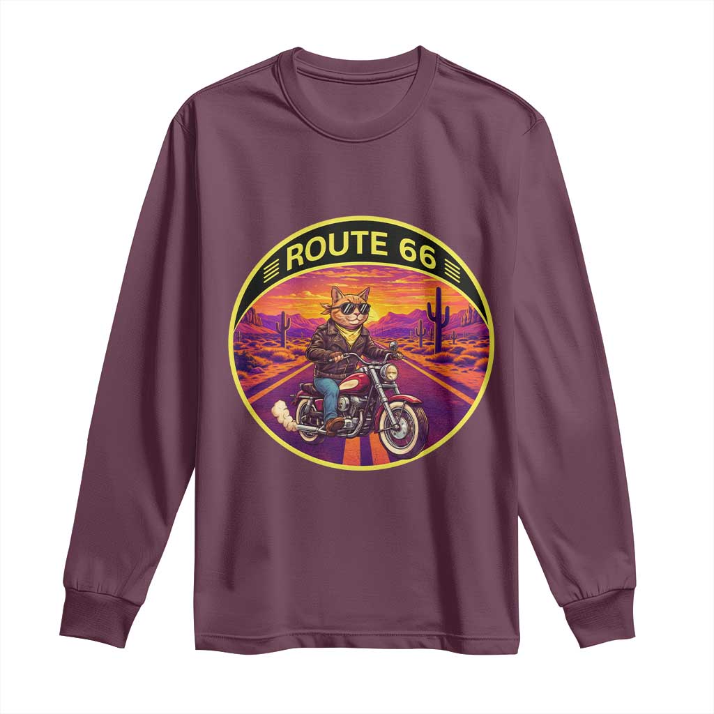 Route Highway 66 Motorcycle Cat Long Sleeve Shirt Open Road Adventure Neon TS12 Maroon Print Your Wear