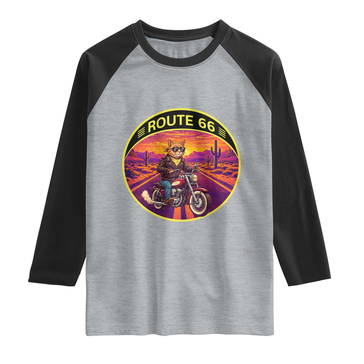 Route Highway 66 Motorcycle Cat Raglan Shirt Open Road Adventure Neon TS12 Heather Gray Black Print Your Wear