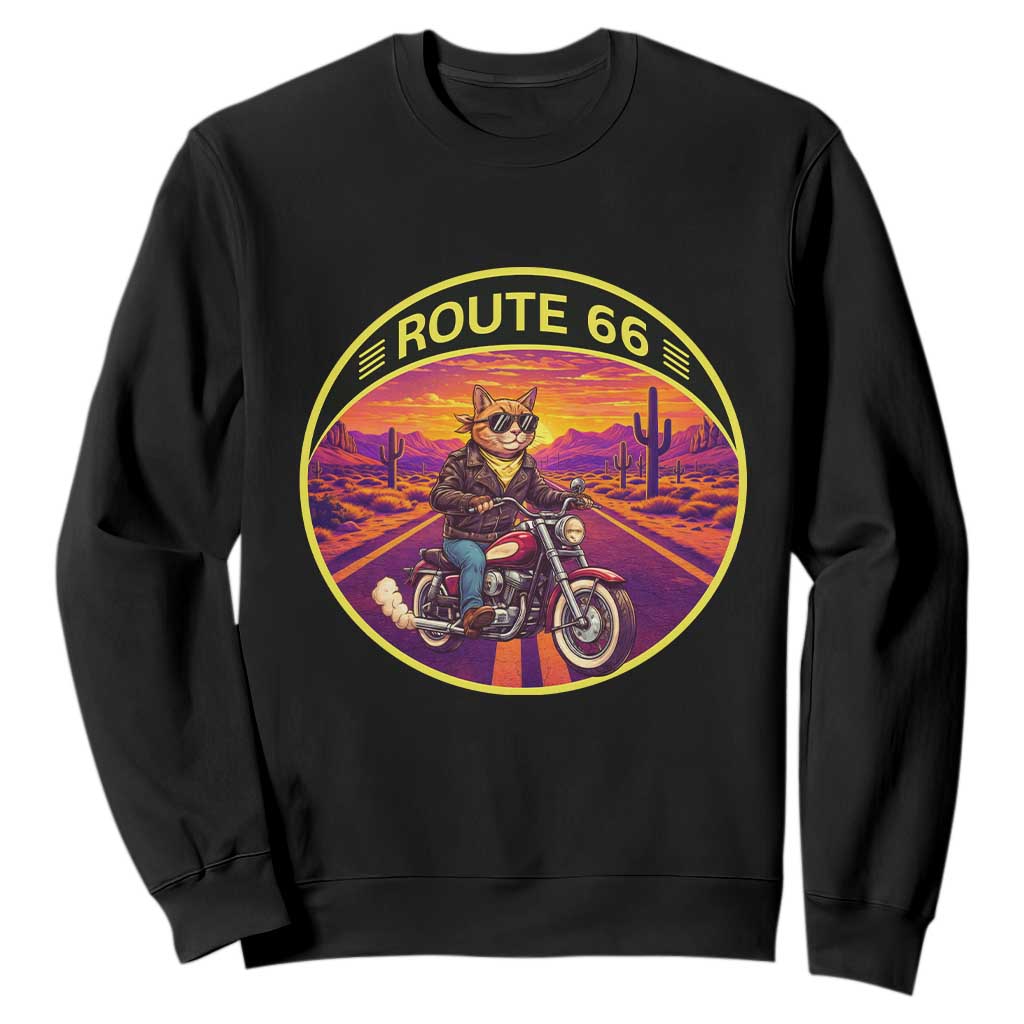 Route Highway 66 Motorcycle Cat Sweatshirt Open Road Adventure Neon TS12 Black Print Your Wear
