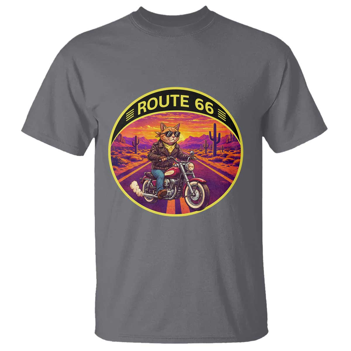Route Highway 66 Motorcycle Cat T Shirt Open Road Adventure Neon TS12 Charcoal Print Your Wear