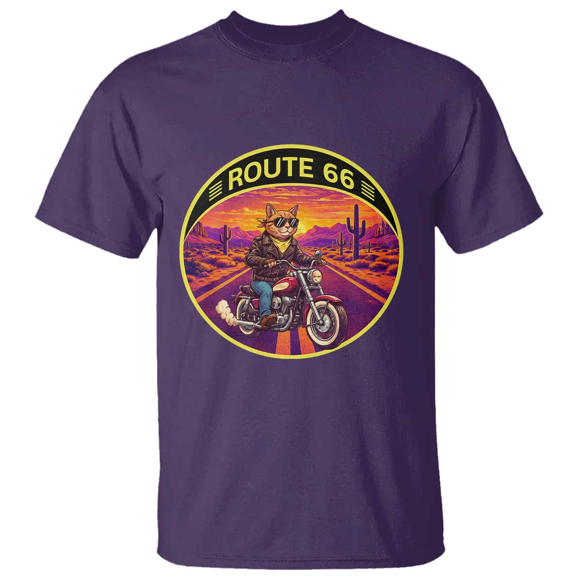 Route Highway 66 Motorcycle Cat T Shirt Open Road Adventure Neon TS12 Purple Print Your Wear