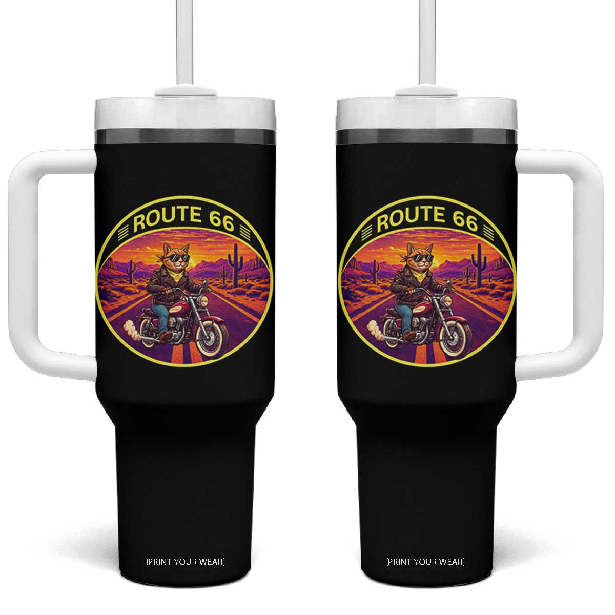 Route Highway 66 Motorcycle Cat Tumbler With Handle Open Road Adventure Neon TS12 One Size: 40 oz Black Print Your Wear