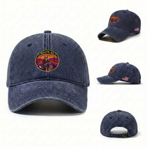 Route Highway 66 Motorcycle Cat Washed Cotton Baseball Cap Open Road Adventure Neon TS12 Washed Cap Universal Fit Navy Print Your Wear