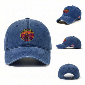 Route Highway 66 Motorcycle Cat Washed Cotton Baseball Cap Open Road Adventure Neon TS12 Washed Cap Universal Fit Royal Blue Print Your Wear
