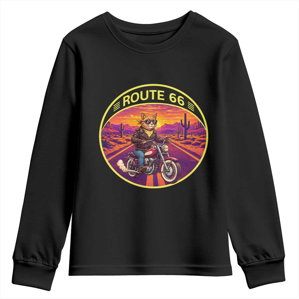 Route Highway 66 Motorcycle Cat Youth Sweatshirt Open Road Adventure Neon TS12 Black Print Your Wear