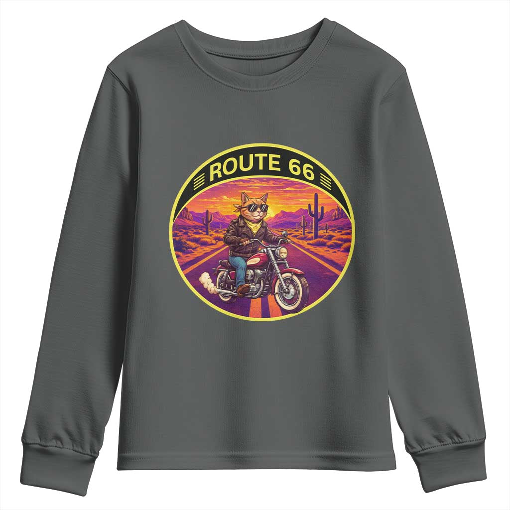 Route Highway 66 Motorcycle Cat Youth Sweatshirt Open Road Adventure Neon TS12 Dark Heather Print Your Wear