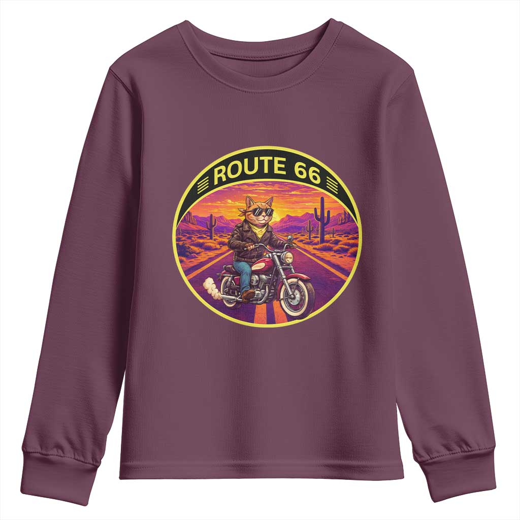 Route Highway 66 Motorcycle Cat Youth Sweatshirt Open Road Adventure Neon TS12 Maroon Print Your Wear