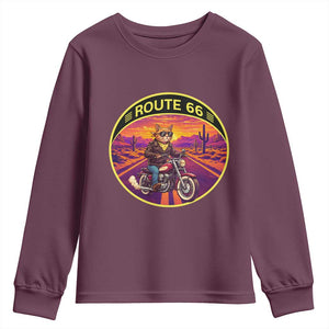 Route Highway 66 Motorcycle Cat Youth Sweatshirt Open Road Adventure Neon TS12 Maroon Print Your Wear