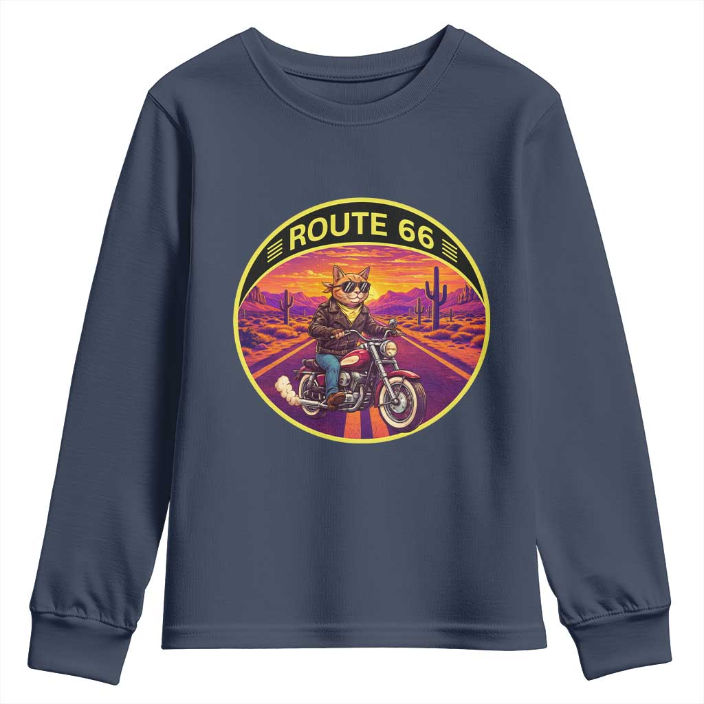 Route Highway 66 Motorcycle Cat Youth Sweatshirt Open Road Adventure Neon TS12 Navy Print Your Wear