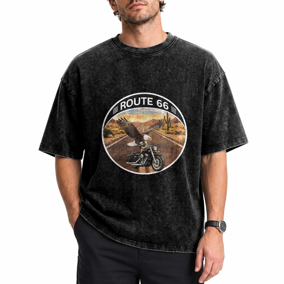 Route Highway 66 Motorcycle Eagle Washed Cotton T-Shirt Americana Adventure