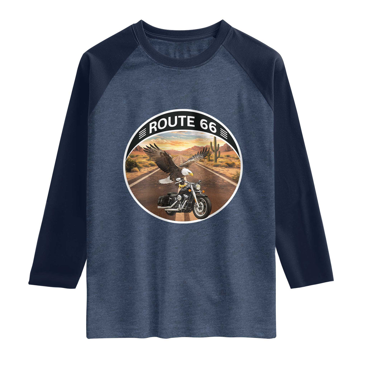 Route Highway 66 Motorcycle Eagle Raglan Shirt Americana Adventure TS12 Heather Denim Navy Print Your Wear