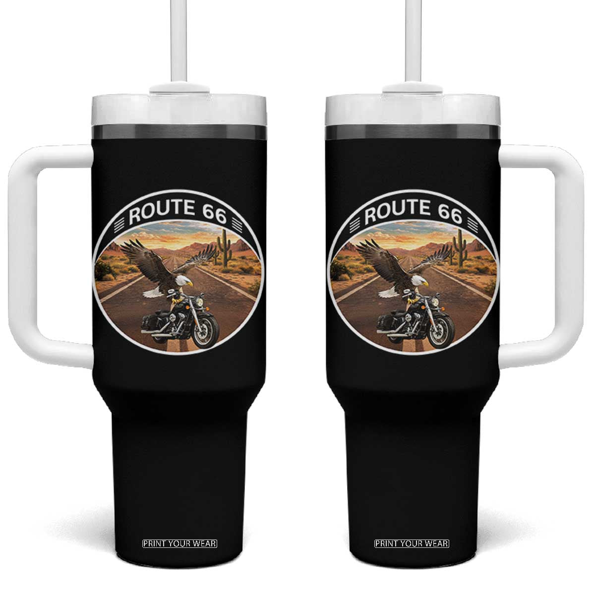Route Highway 66 Motorcycle Eagle Tumbler With Handle Americana Adventure TS12 One Size: 40 oz Black Print Your Wear