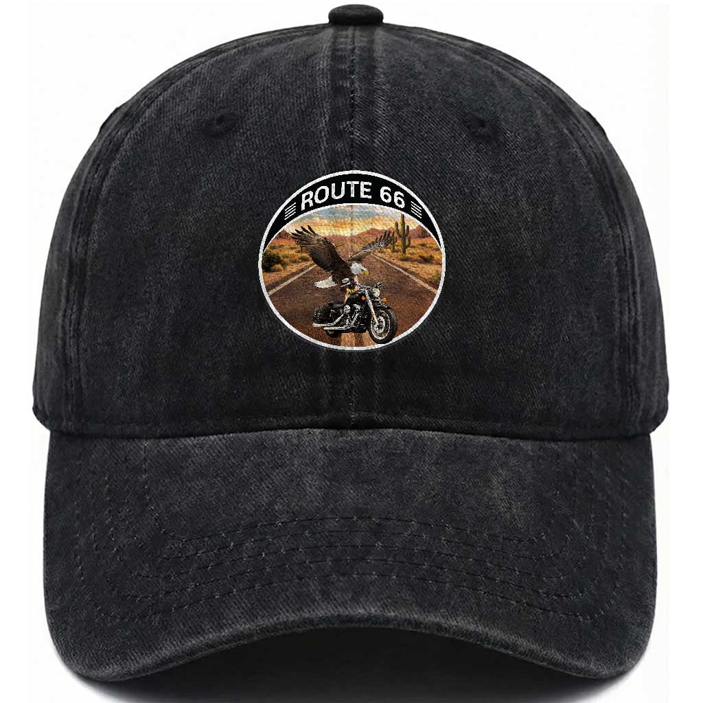 Route Highway 66 Motorcycle Eagle Washed Cotton Baseball Cap Americana Adventure TS12 Print Your Wear