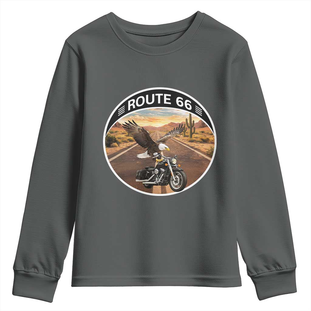 Route Highway 66 Motorcycle Eagle Youth Sweatshirt Americana Adventure TS12 Dark Heather Print Your Wear