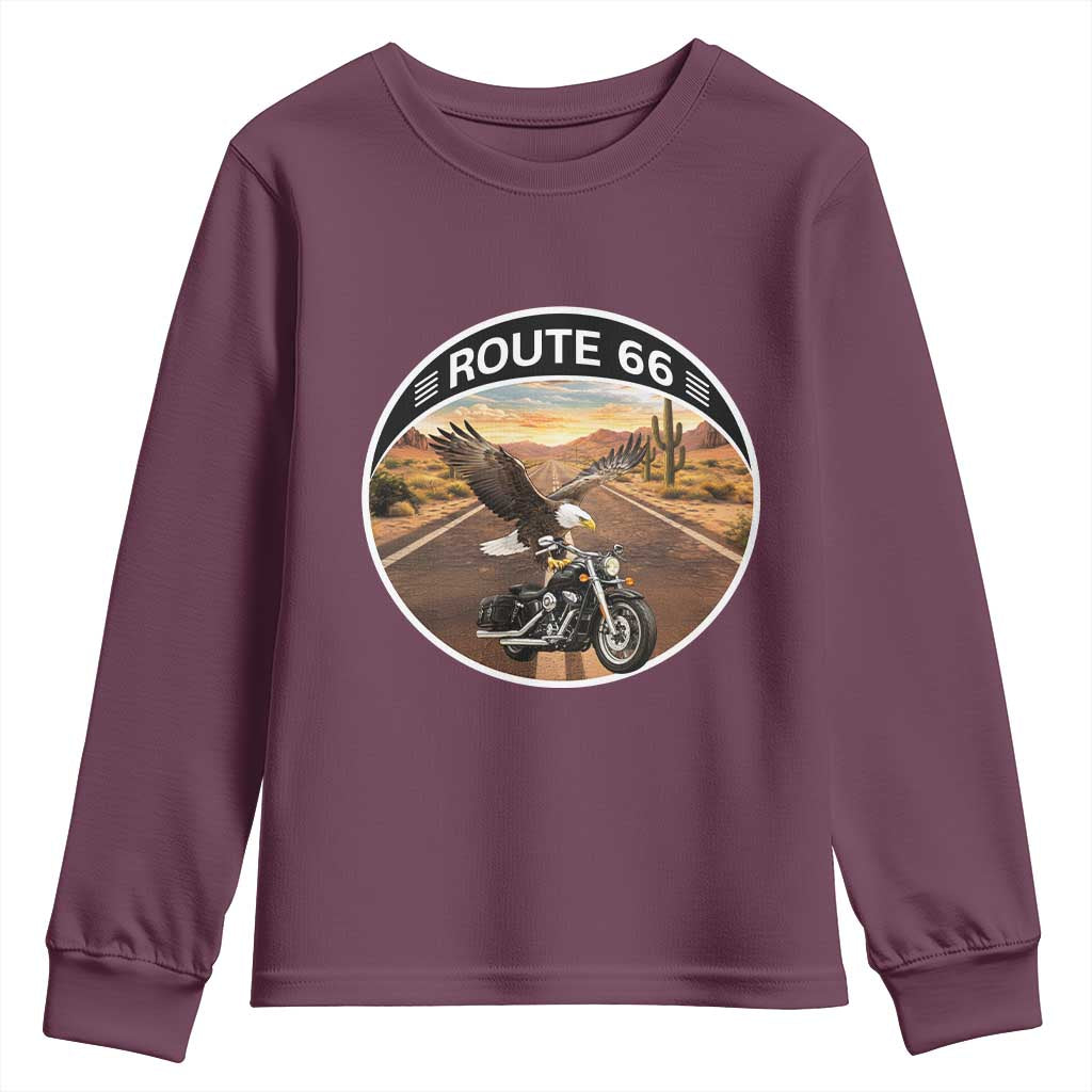 Route Highway 66 Motorcycle Eagle Youth Sweatshirt Americana Adventure TS12 Maroon Print Your Wear