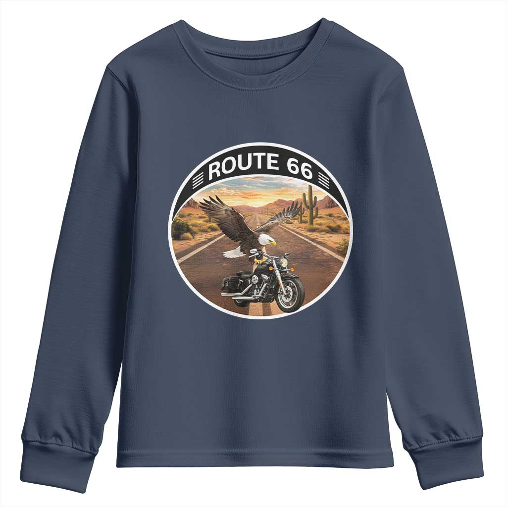 Route Highway 66 Motorcycle Eagle Youth Sweatshirt Americana Adventure TS12 Navy Print Your Wear