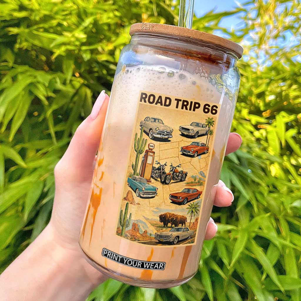Vintage Route Highway 66 Road Trip Poster Glass Can Open Road Adventure TS12 Black Print Your Wear