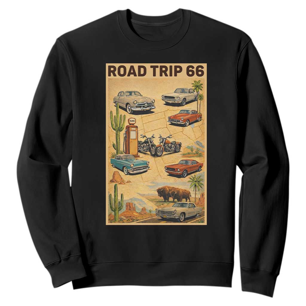 Vintage Route Highway 66 Road Trip Poster Sweatshirt Open Road Adventure TS12 Black Print Your Wear