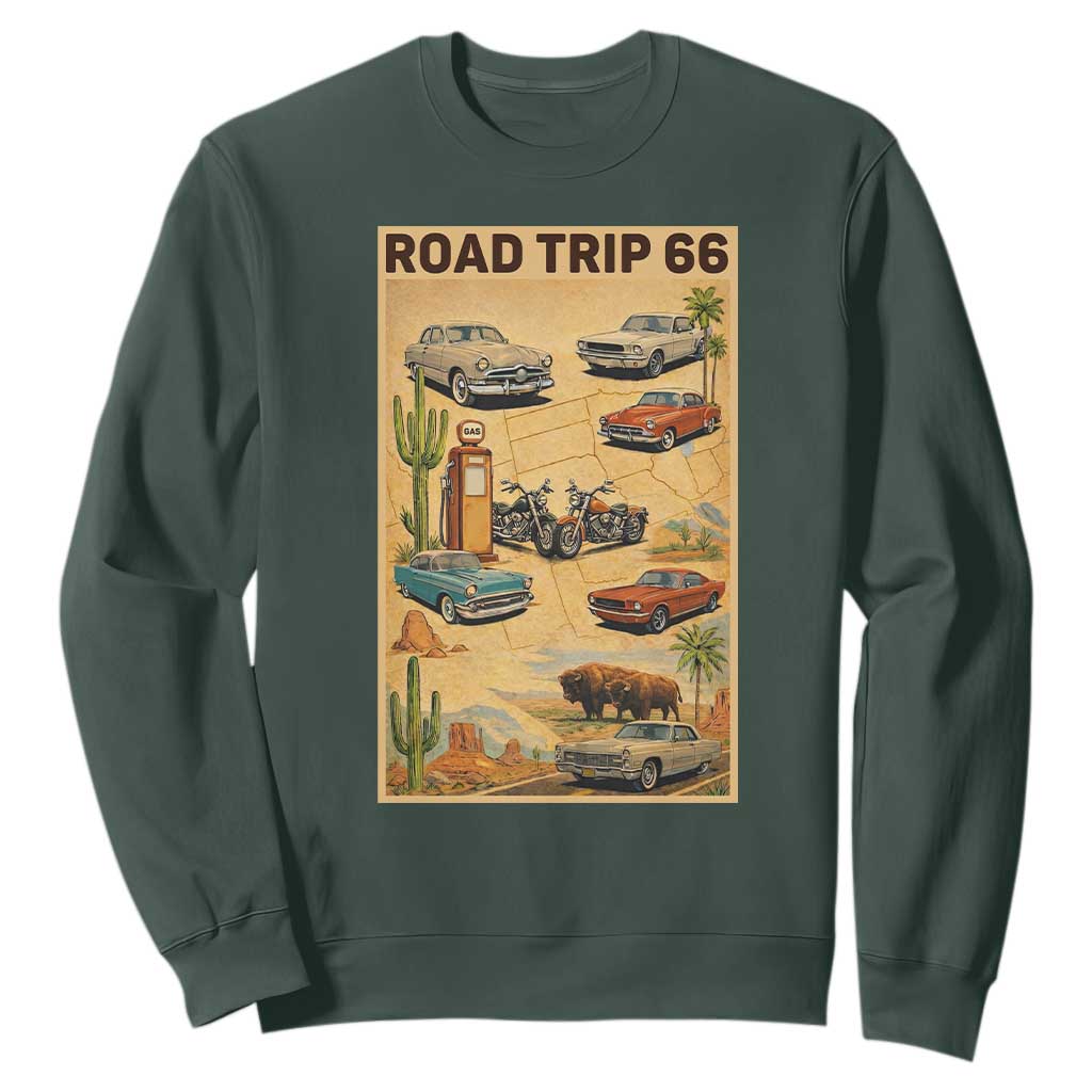 Vintage Route Highway 66 Road Trip Poster Sweatshirt Open Road Adventure TS12 Dark Forest Green Print Your Wear