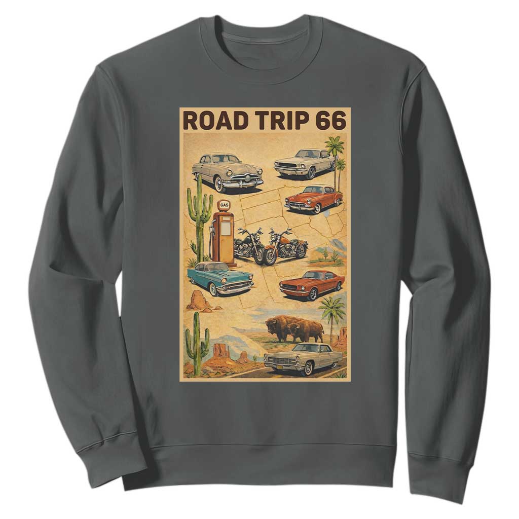 Vintage Route Highway 66 Road Trip Poster Sweatshirt Open Road Adventure TS12 Dark Heather Print Your Wear