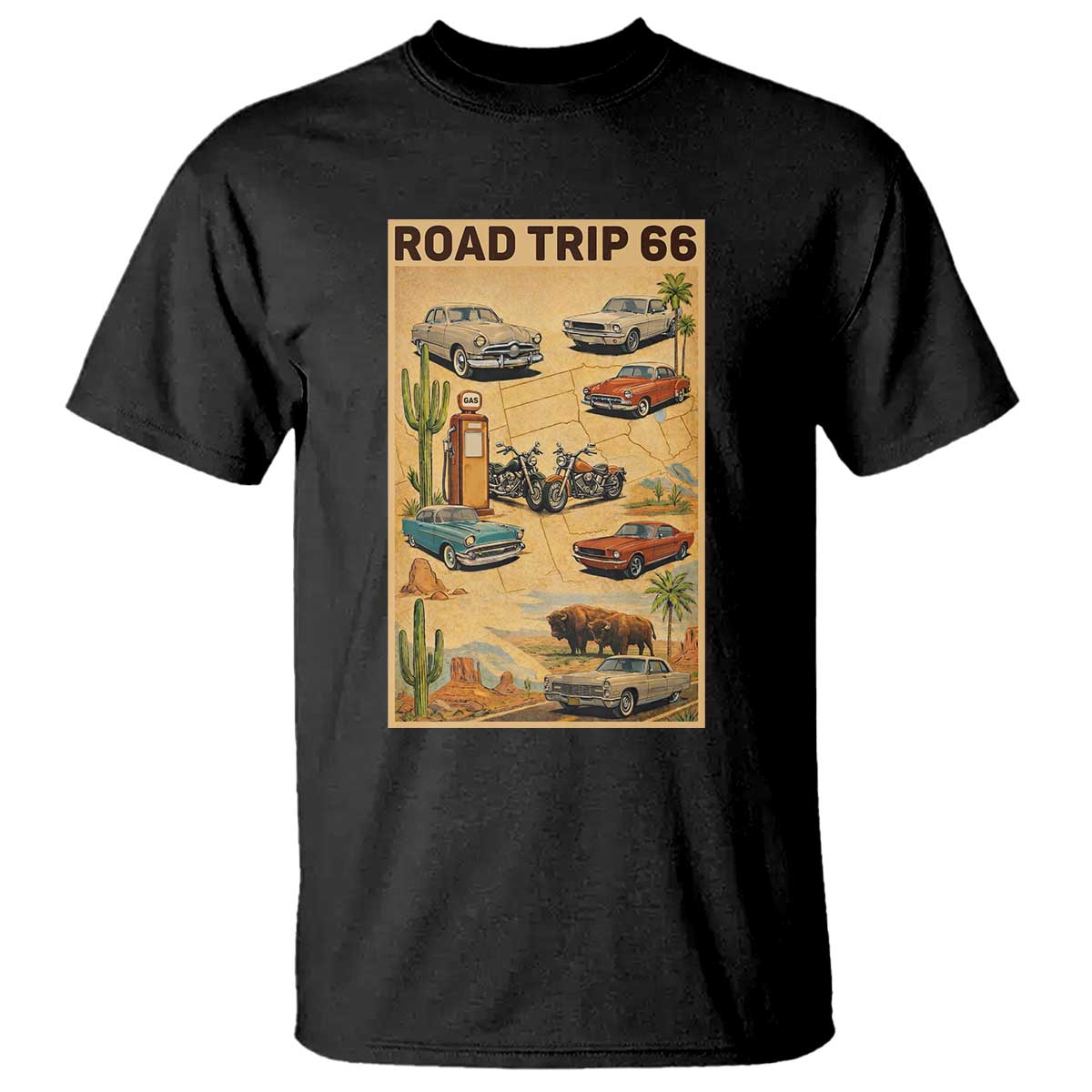 Vintage Route Highway 66 Road Trip Poster T Shirt Open Road Adventure TS12 Black Print Your Wear