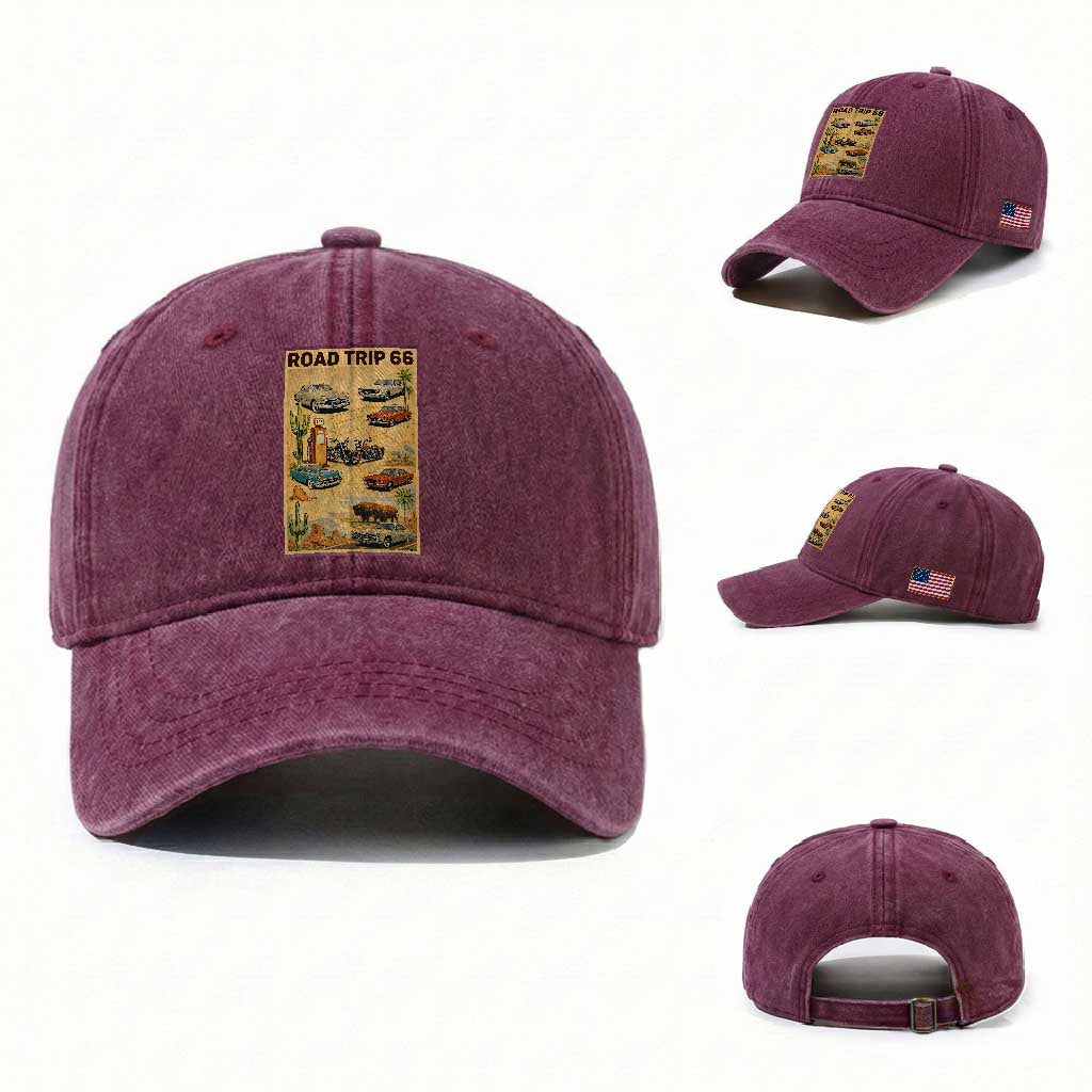 Vintage Route Highway 66 Road Trip Poster Washed Cotton Baseball Cap Open Road Adventure TS12 Washed Cap Universal Fit Burgundy Print Your Wear