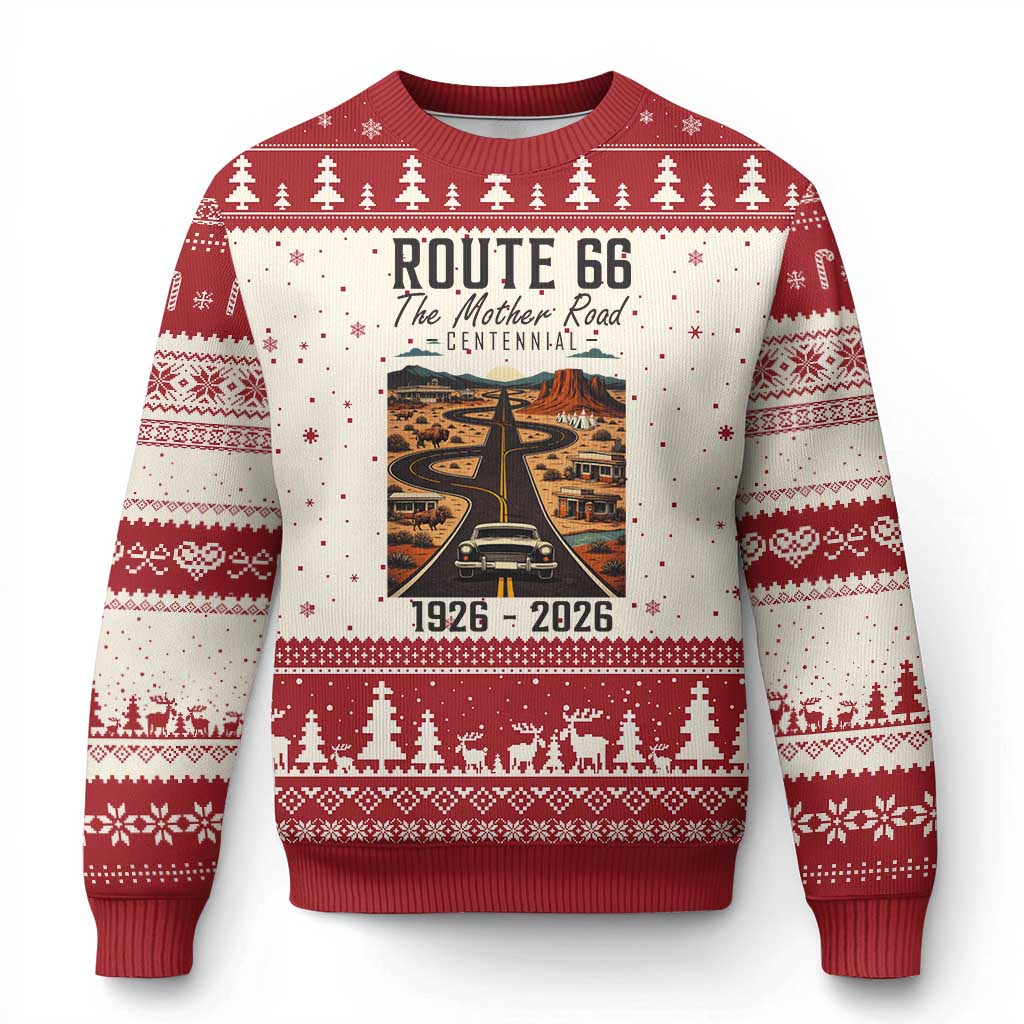 Route Highway 66 Mother Road Ugly Christmas Sweater Vintage Distressed Road Trip Adventure TS12 Beige Red Print Your Wear