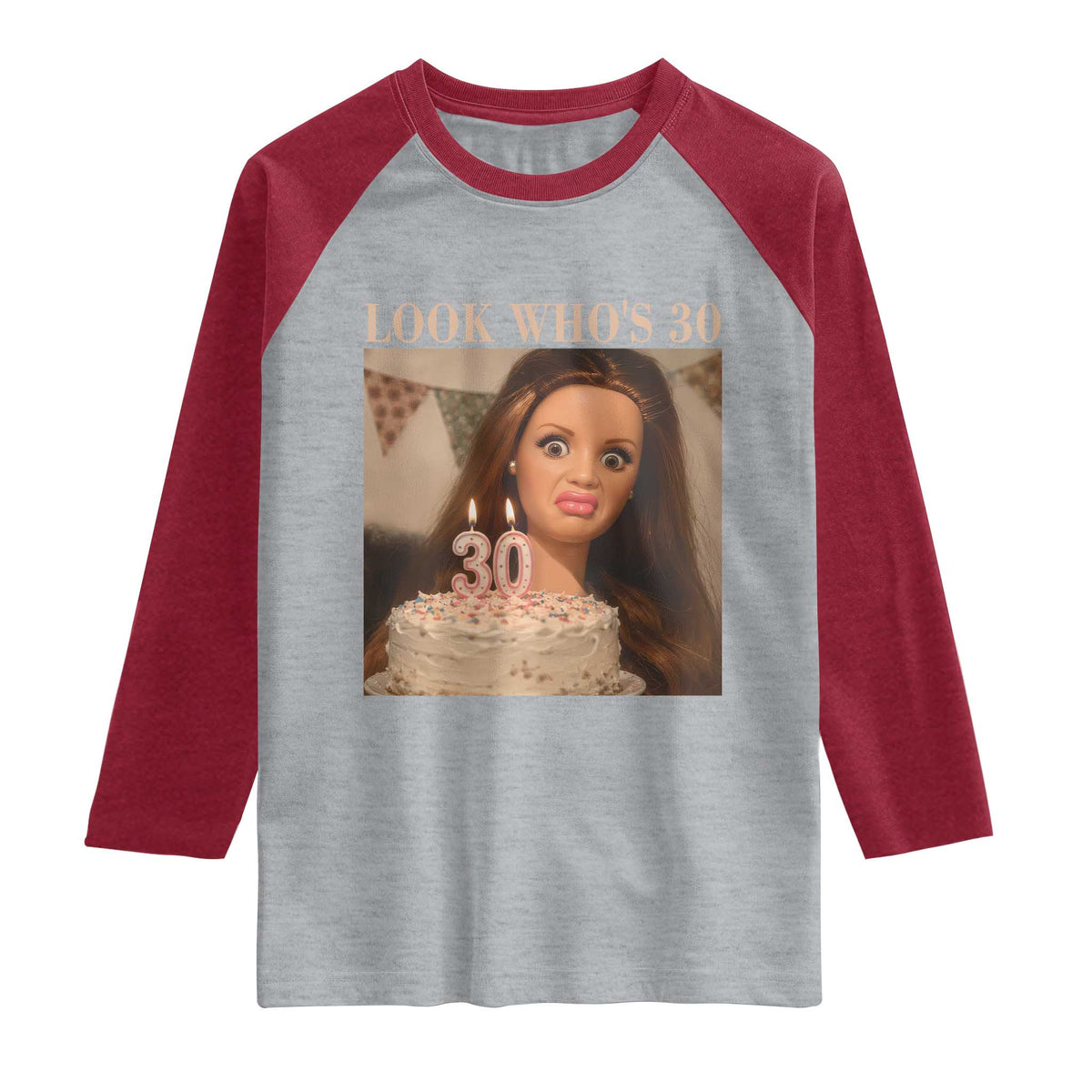Look Who's 30 Raglan Shirt Funny Birthday Doll Face Meme TS12 Heather Gray Heather Red Print Your Wear