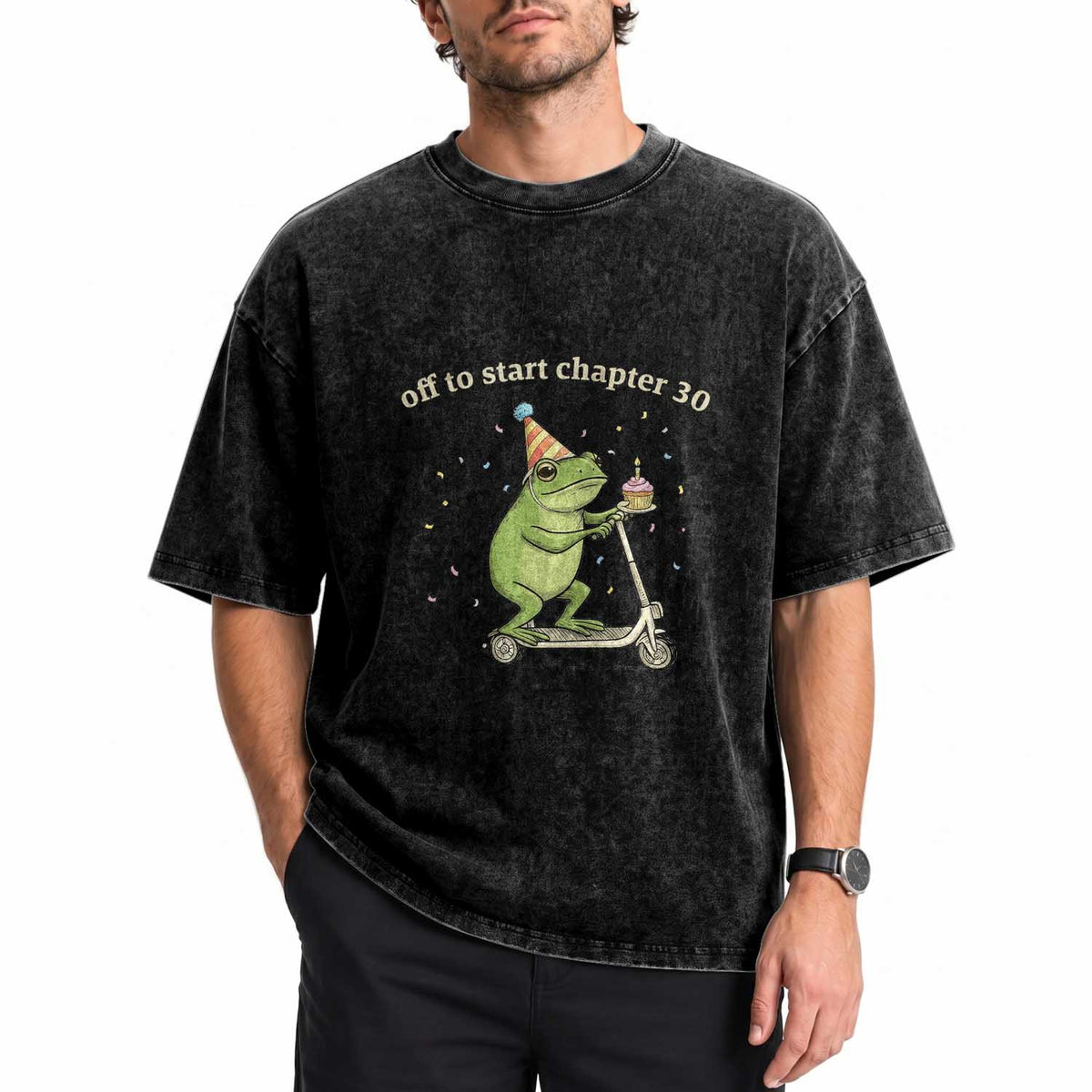 Off To Start Chapter 30 Washed Cotton T-Shirt Funny Frog Scooter 30th Birthday Gift