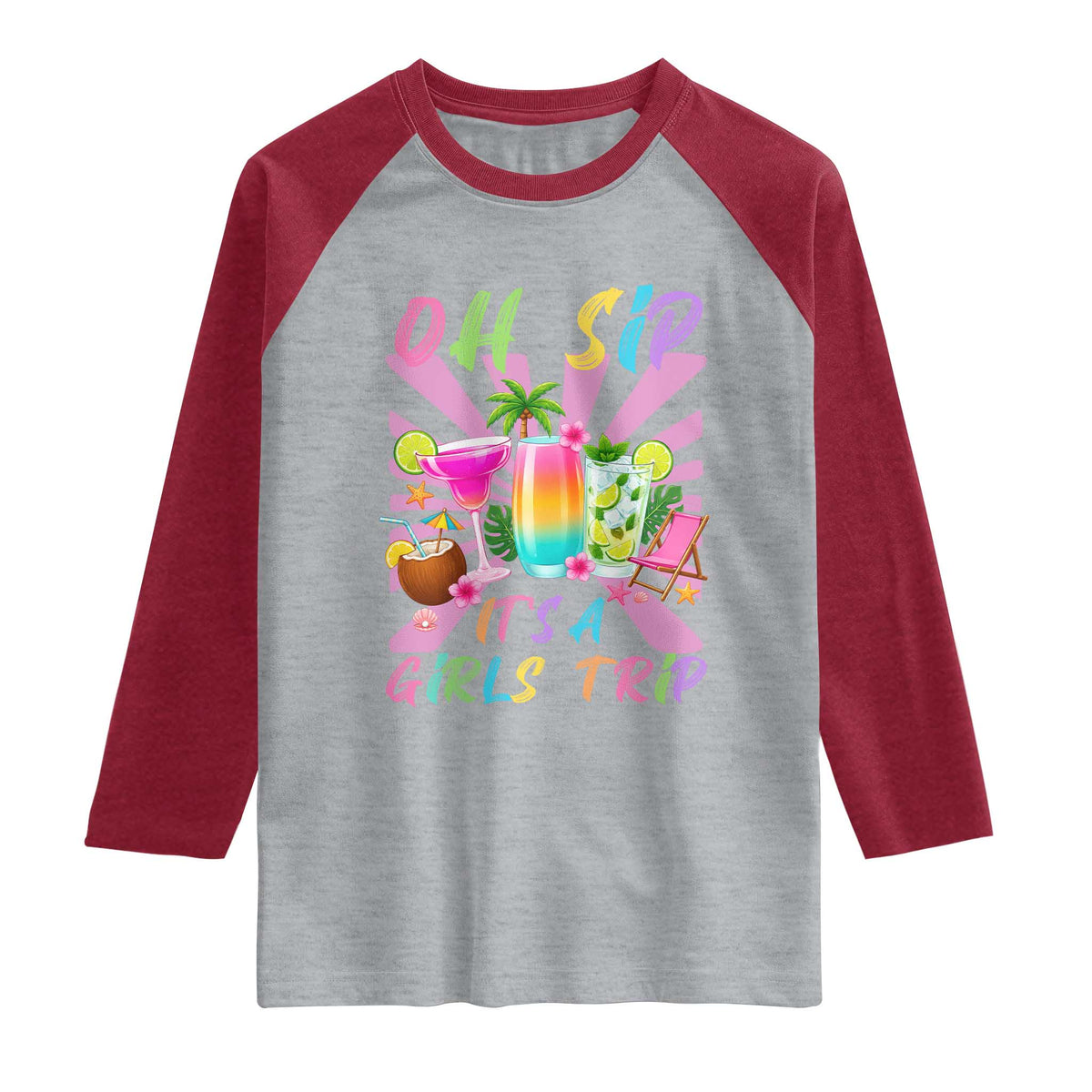 Oh Sip It Is A Girls Trip Raglan Shirt Funny Besties Vacation TS12 Heather Gray Heather Red Print Your Wear