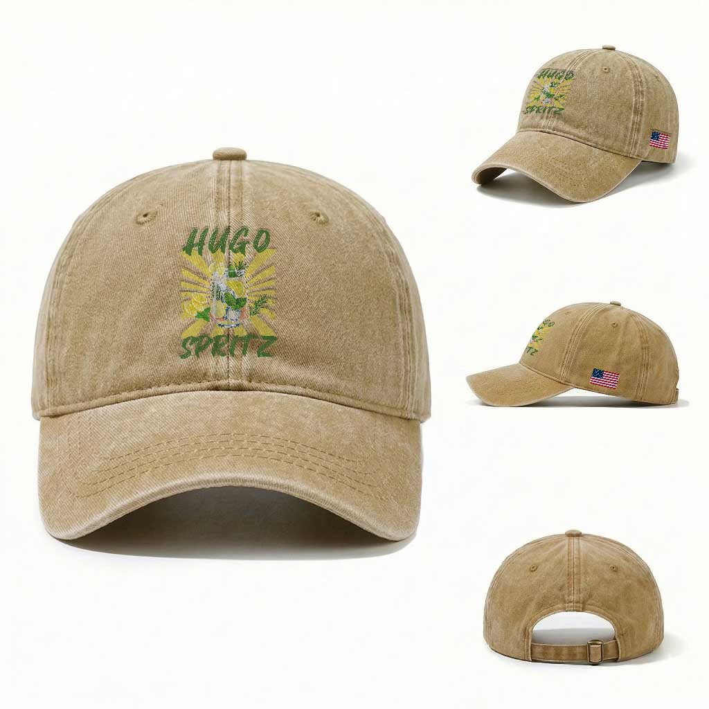 Hugo Spritz Washed Cotton Baseball Cap Funny Tropical Cocktail Vacation TS12 Washed Cap Universal Fit Khaki Print Your Wear