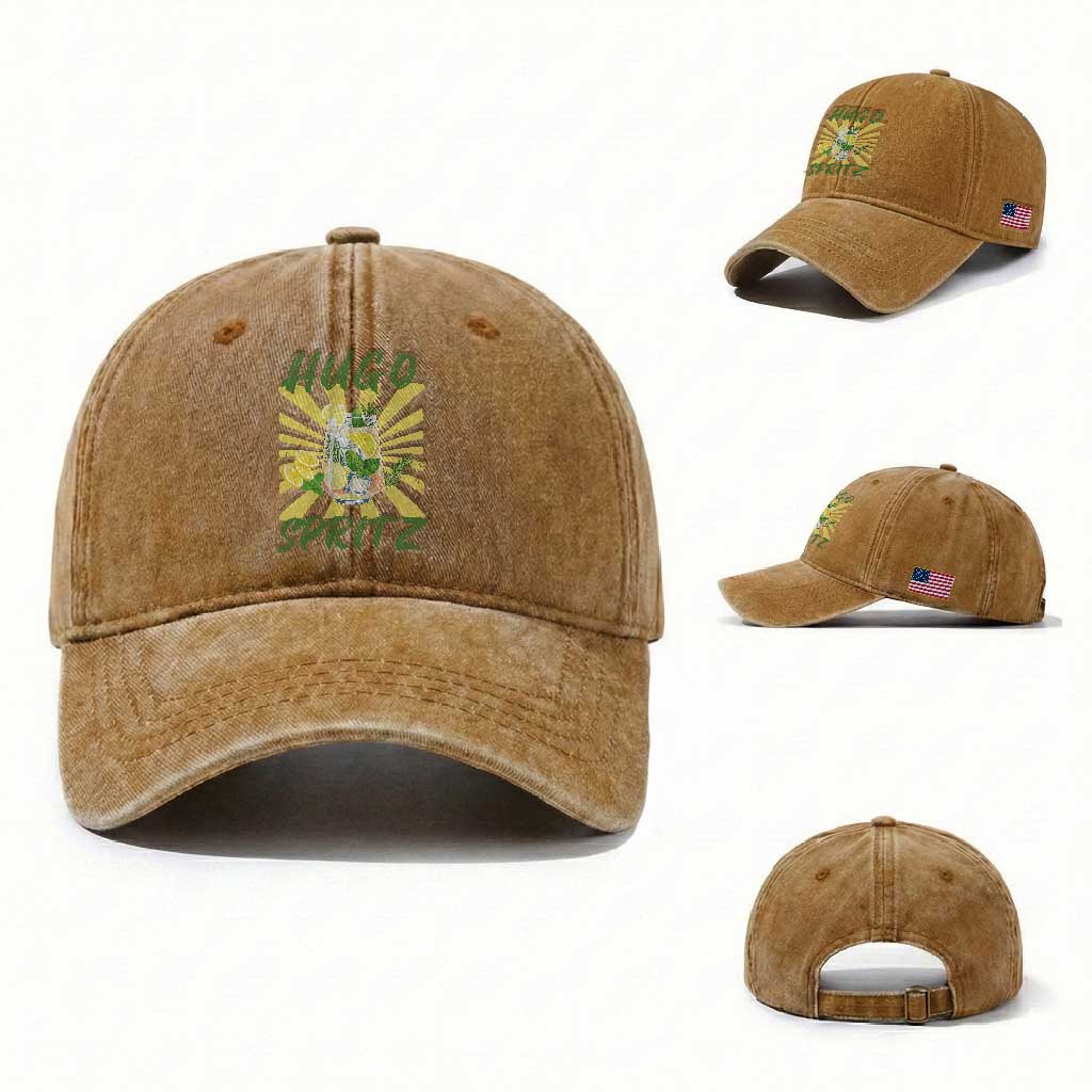 Hugo Spritz Washed Cotton Baseball Cap Funny Tropical Cocktail Vacation TS12 Washed Cap Universal Fit Yellow Ochre Print Your Wear