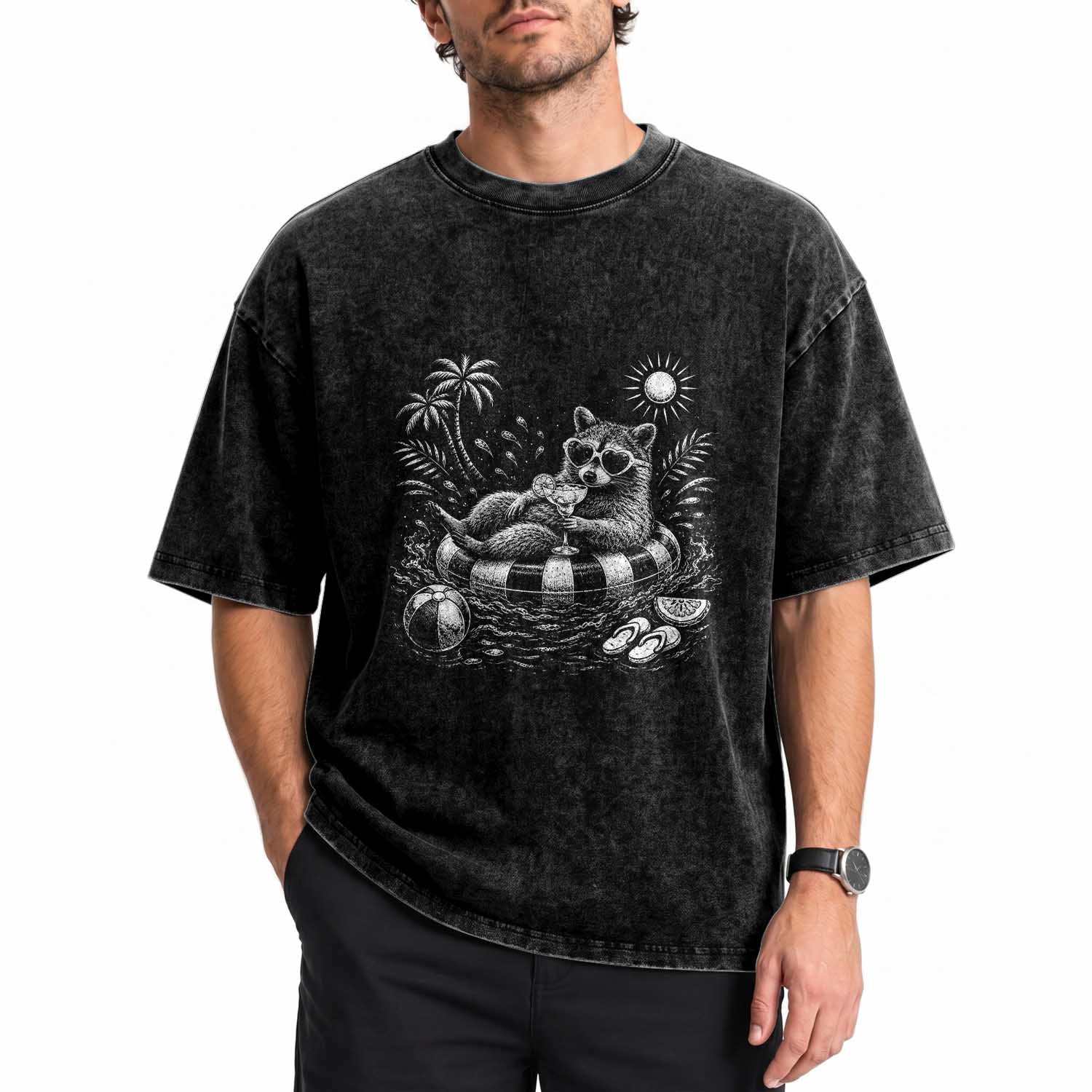 Funny Beach Vacation Trash Panda Washed Cotton T-Shirt Summer Raccoon Graphic