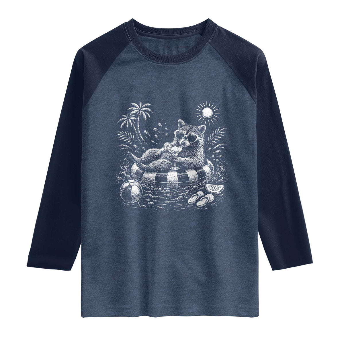 Funny Beach Vacation Trash Panda Raglan Shirt Summer Raccoon Graphic TS12 Heather Denim Navy Print Your Wear