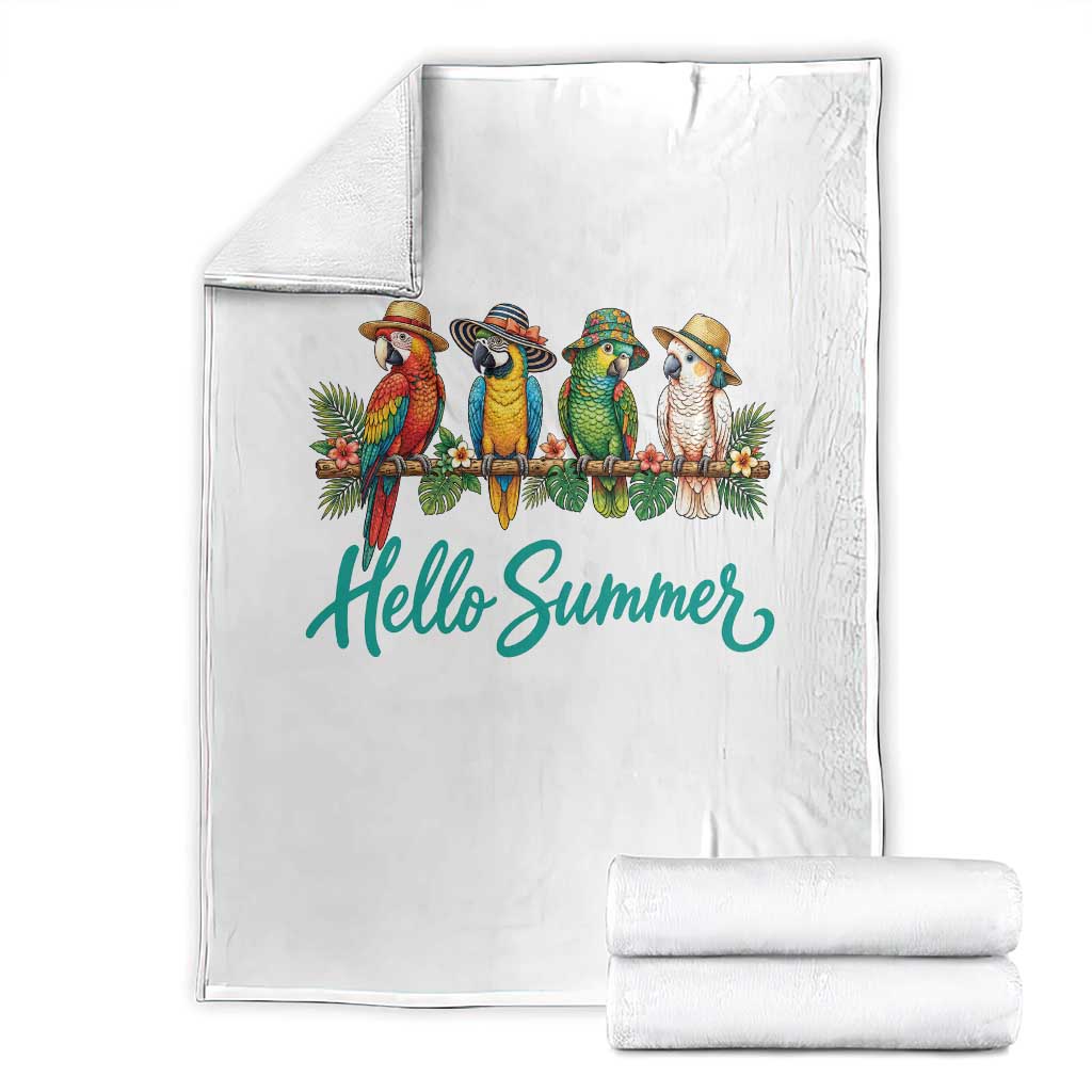 Hello Summer Parrots Throw Blanket Tropical Beach Vacation Graphic TS12 White Print Your Wear