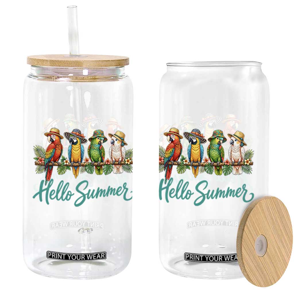 Hello Summer Parrots Glass Can Tropical Beach Vacation Graphic TS12 Print Your Wear