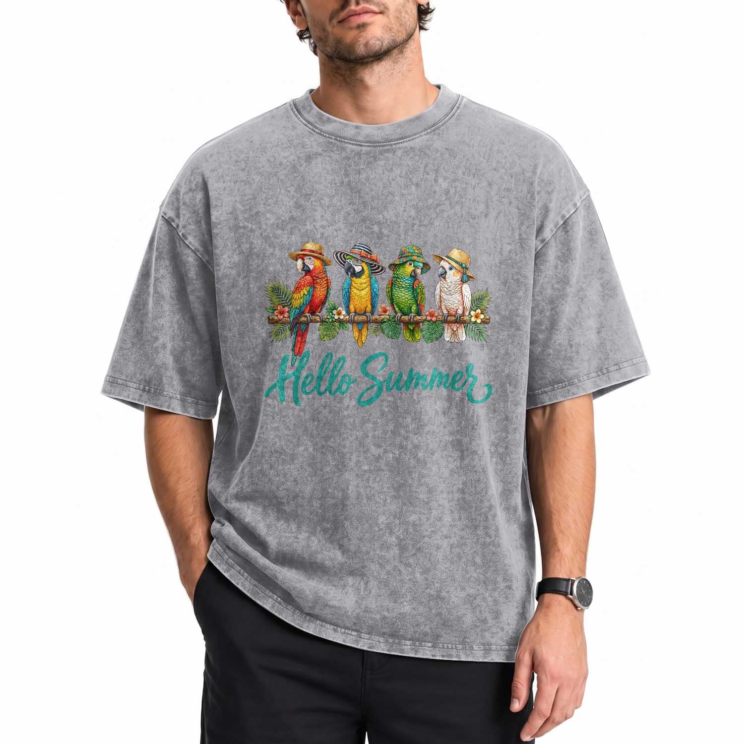 Hello Summer Parrots Washed Cotton T-Shirt Tropical Beach Vacation Graphic
