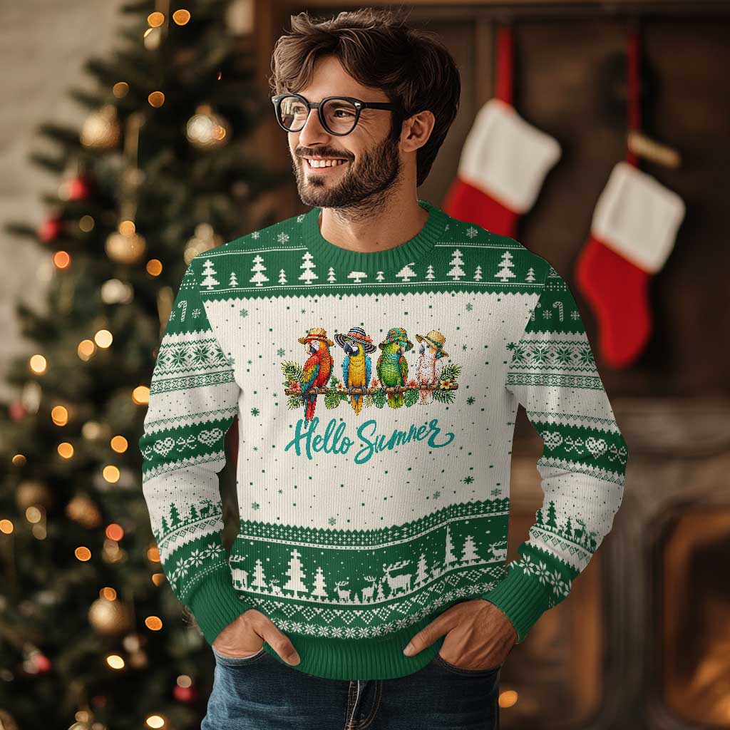 Hello Summer Parrots Ugly Christmas Sweater Tropical Beach Vacation Graphic TS12 Beige Green Print Your Wear