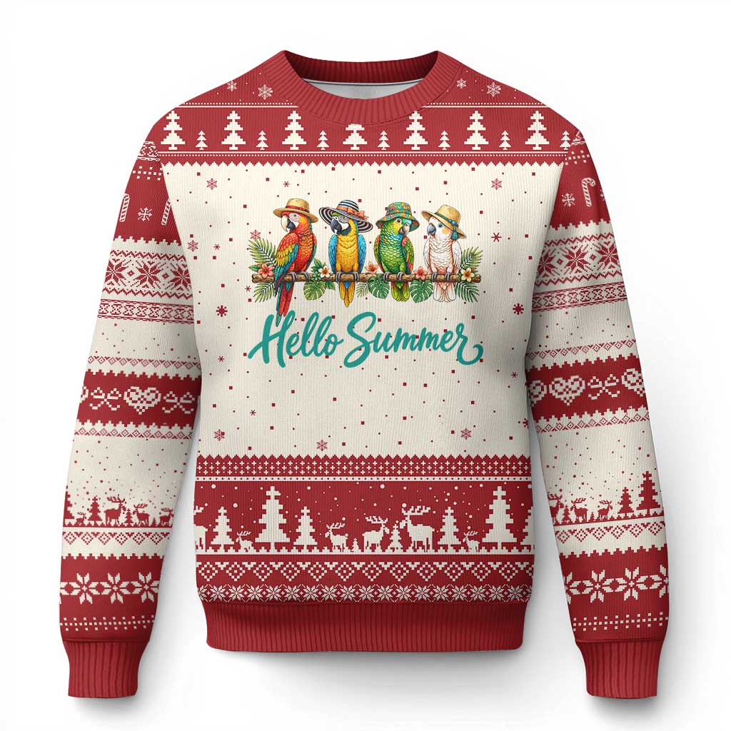Hello Summer Parrots Ugly Christmas Sweater Tropical Beach Vacation Graphic TS12 Beige Red Print Your Wear