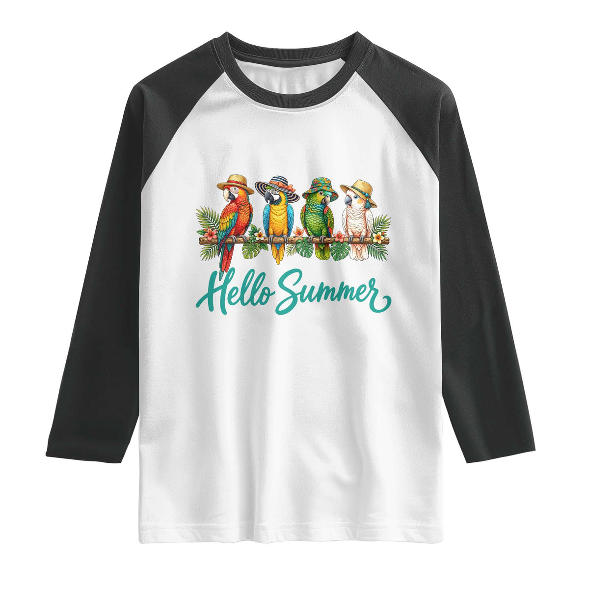 Hello Summer Parrots Raglan Shirt Tropical Beach Vacation Graphic TS12 White Black Print Your Wear