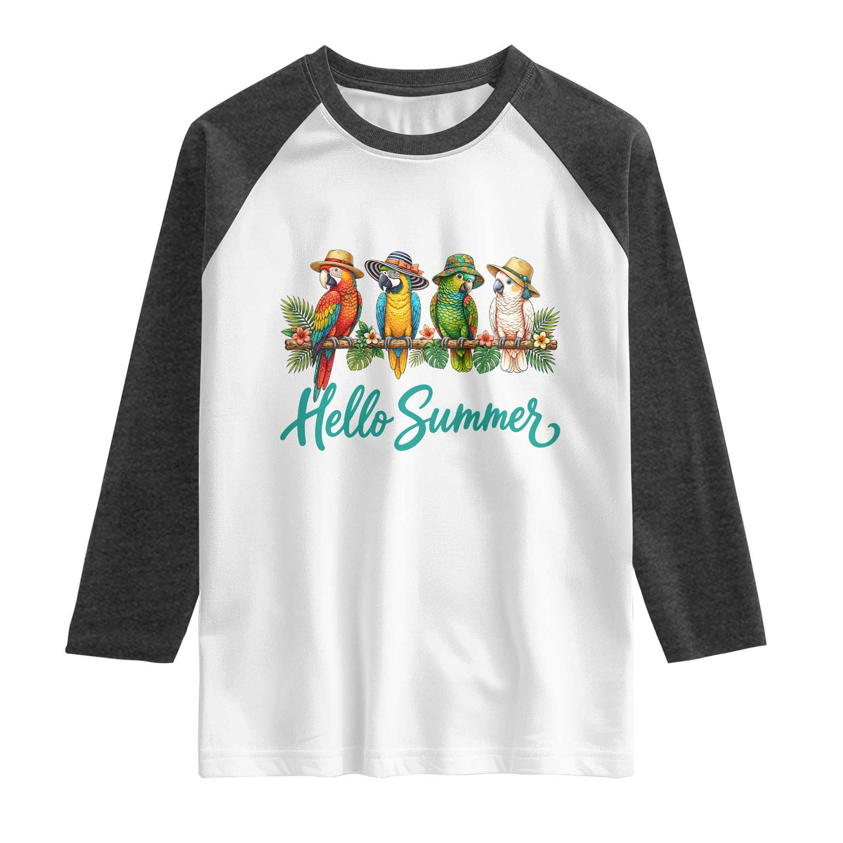 Hello Summer Parrots Raglan Shirt Tropical Beach Vacation Graphic TS12 White Heather Charcoal Print Your Wear