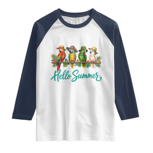 Hello Summer Parrots Raglan Shirt Tropical Beach Vacation Graphic TS12 White Navy Print Your Wear