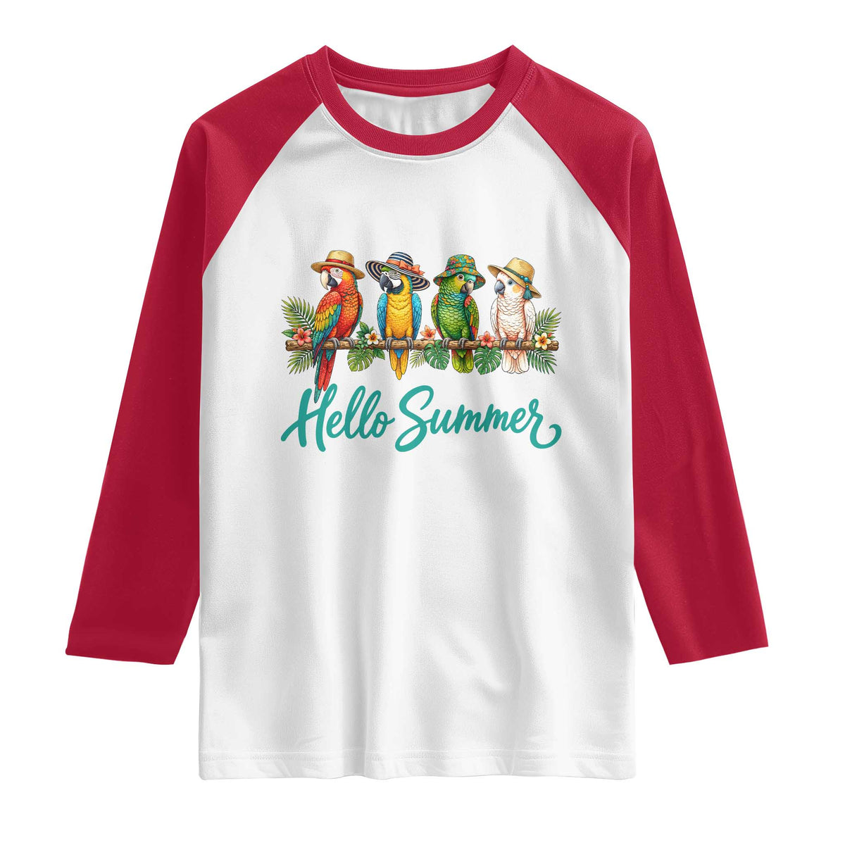 Hello Summer Parrots Raglan Shirt Tropical Beach Vacation Graphic TS12 White Red Print Your Wear