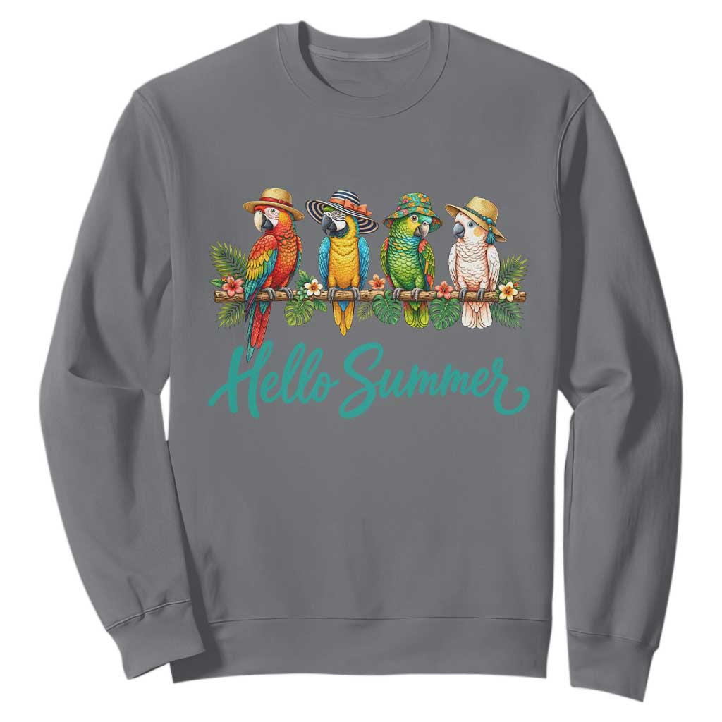 Hello Summer Parrots Sweatshirt Tropical Beach Vacation Graphic TS12 Charcoal Print Your Wear