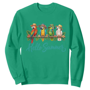 Hello Summer Parrots Sweatshirt Tropical Beach Vacation Graphic TS12 Irish Green Print Your Wear