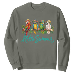 Hello Summer Parrots Sweatshirt Tropical Beach Vacation Graphic TS12 Military Green Print Your Wear