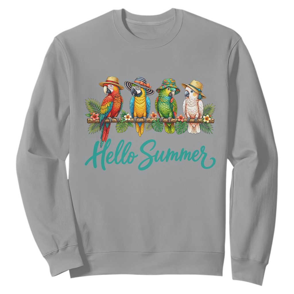 Hello Summer Parrots Sweatshirt Tropical Beach Vacation Graphic TS12 Sport Gray Print Your Wear