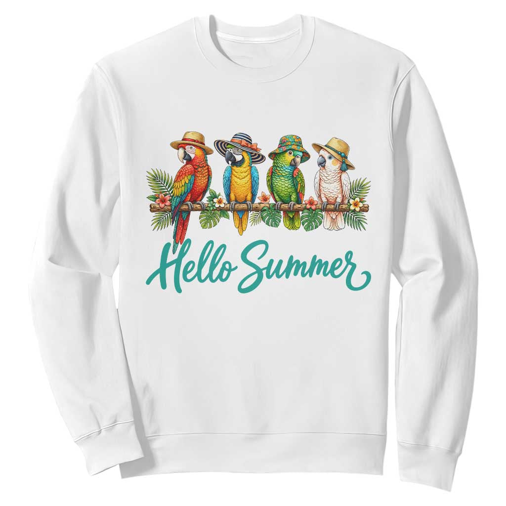 Hello Summer Parrots Sweatshirt Tropical Beach Vacation Graphic TS12 White Print Your Wear