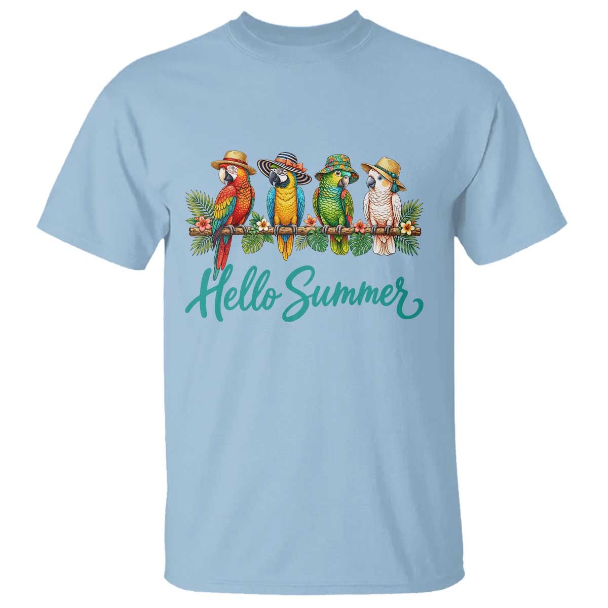 Hello Summer Parrots T Shirt Tropical Beach Vacation Graphic TS12 Light Blue Print Your Wear